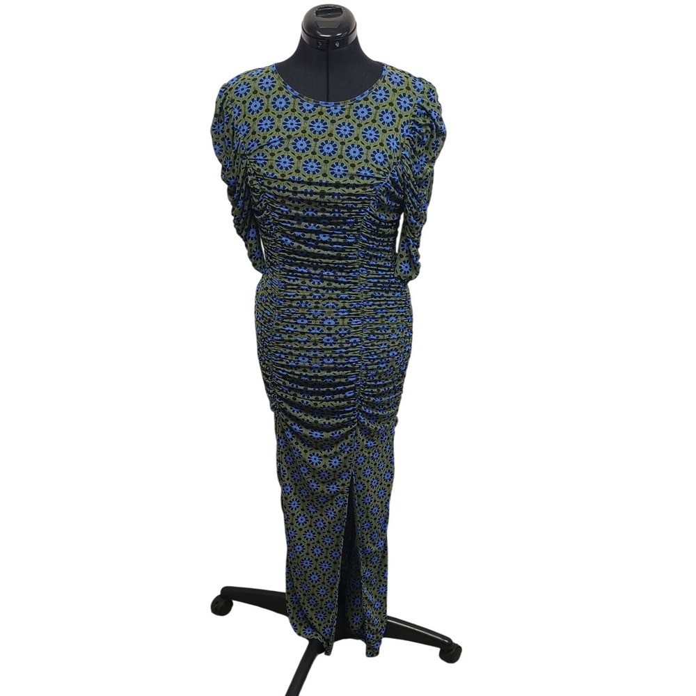 Free People Women Blue Green Floral Ruched Mesh Maxi Dress S NEW‎ WITH FLAW